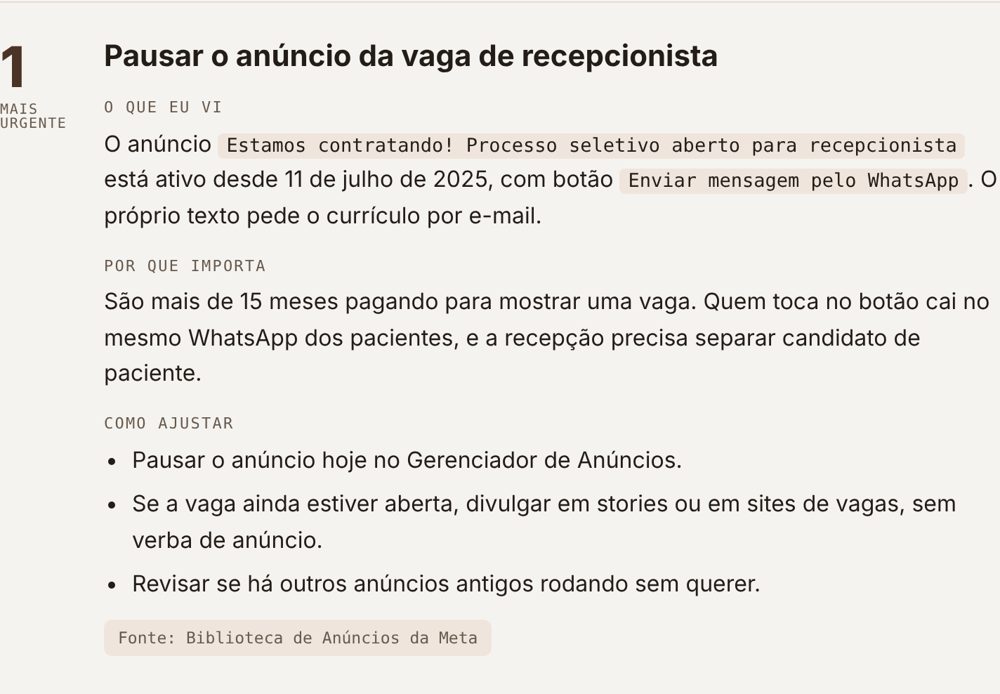 Um dos ajustes de um laudo real: o anúncio de uma vaga de recepcionista que estava no ar havia 15 meses, com o que foi visto, por que importa e como ajustar